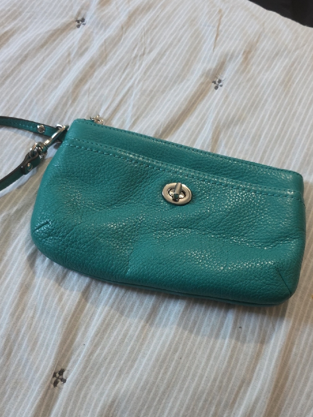 Coach Teal Leather Wristlet Clutch with Turn-Lock Closure Size 5" X 8"